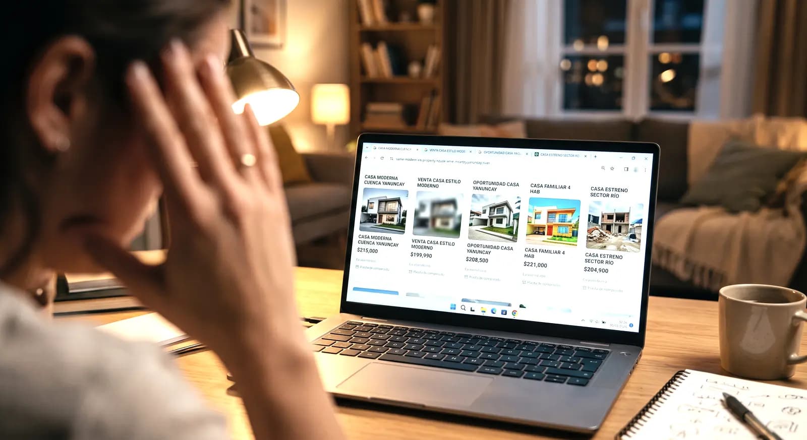 Una mujer revisa anuncios de inmuebles en su laptop de noche, con gesto de cansancio.