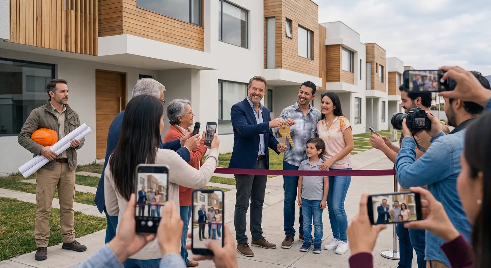Vecinos fotografiando la entrega de llaves de un proyecto recién inaugurado.
