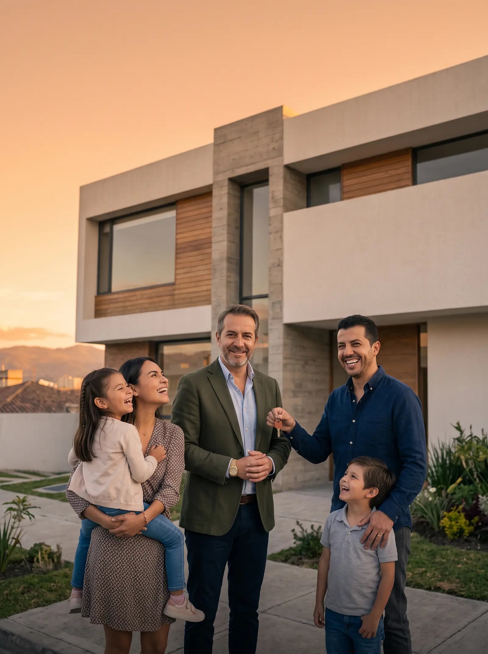 Una familia recibe las llaves de su casa nueva al atardecer, frente a la fachada terminada.