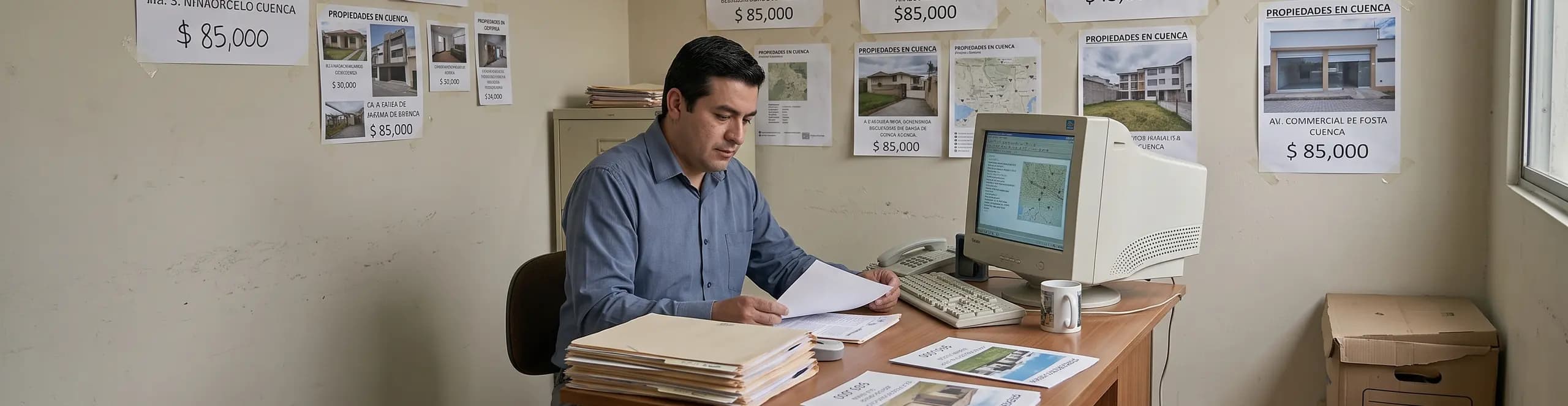 Un agente inmobiliario revisa papeles en un escritorio de oficina anticuado, con un monitor CRT, carpetas apiladas y volantes de propiedades pegados en la pared.